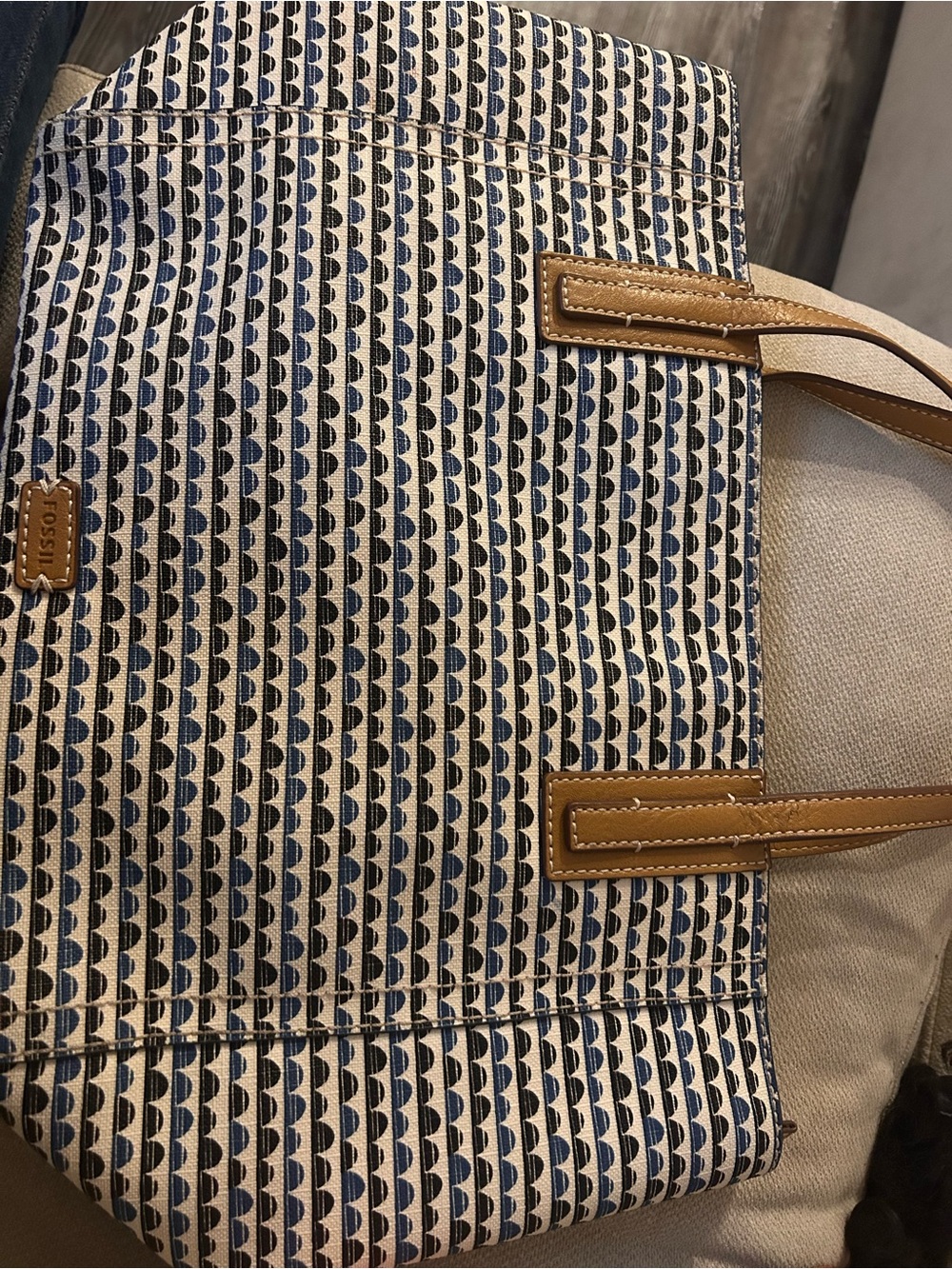 Fossil Navy & White Geometric Canvas Tote with Tan Leather Handles